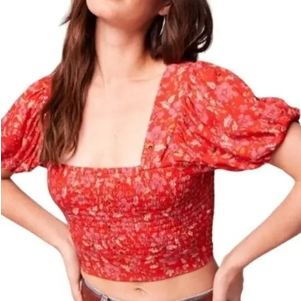 Band of the Free Crimson Floral Smocked Crop Top NWT Red Women's Size Medium